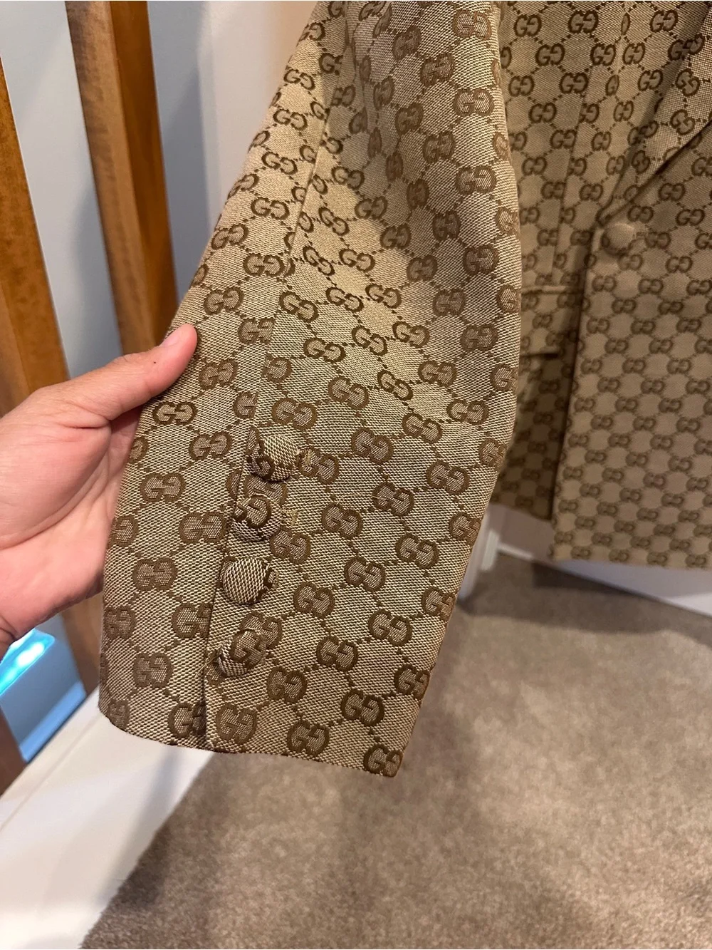 Beige  Monogram Print Double-Breasted Blazer